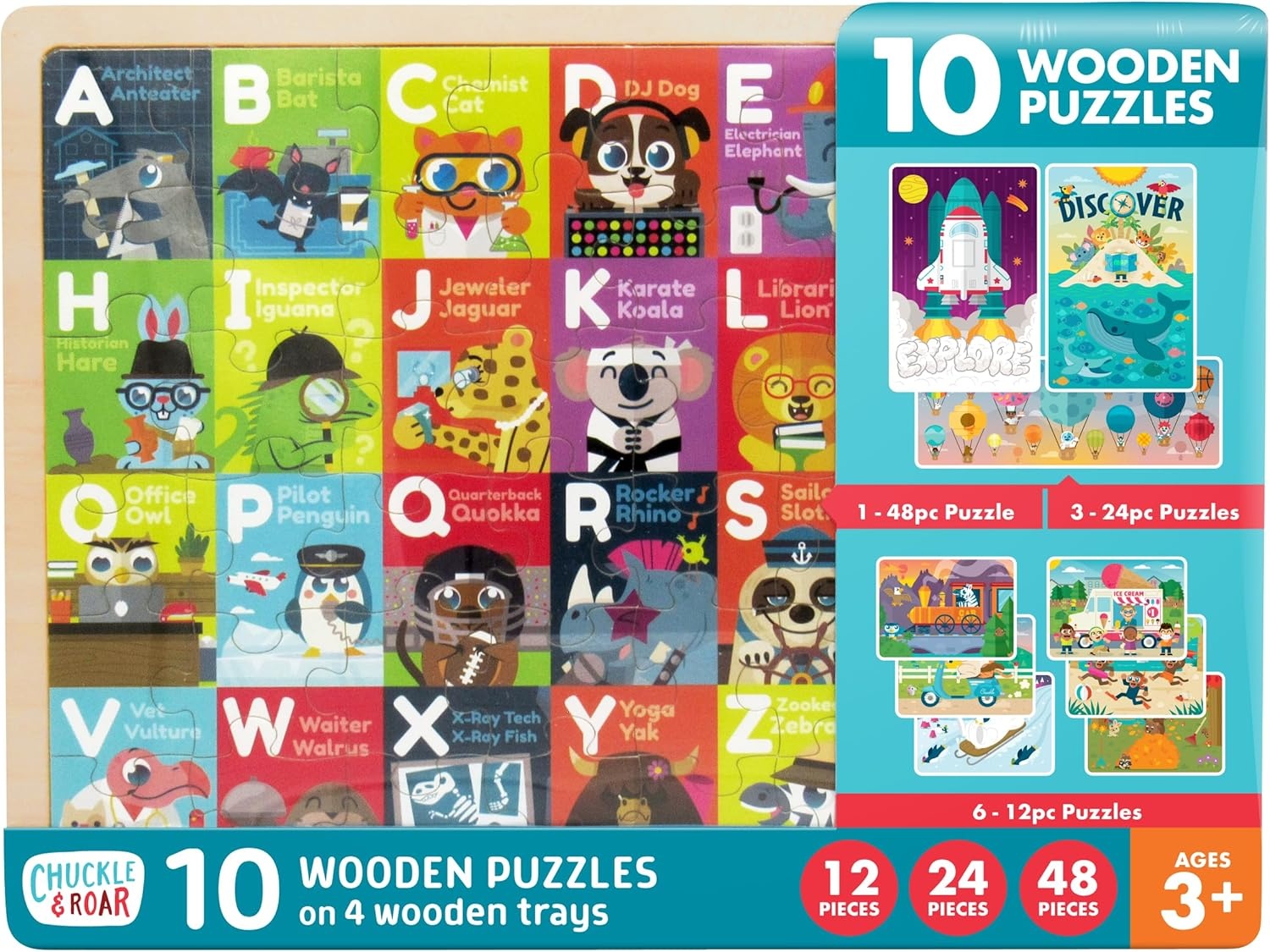 image:imageChuckle amp Roar Wood Toddler Puzzle Set  10 Pack Ages 3 Multicolor Alphabet  Toddler Toys for Fine Motor Skills  Sensory Toys for Color Recognition  Preschool Learning Activities
