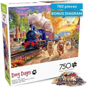 image:imageBuffalo Games 750 Piece Jigsaw Puzzle Angelo Bonito Racing The Train Made in USA Premium Recycled Board FullColor Poster Giftable Dog Days Art