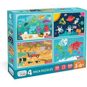 image:imageChuckle amp Roar Jigsaw Puzzle Set  4 Pack 48 72 amp 100 Pieces Ages 3  Space Ocean Safari amp World Map Scenes  Color Coded Backs amp Storage Bags  Learning Toys for Preschool